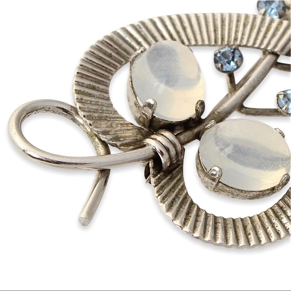 Vintage Van Dell Sterling Silver Heart Brooch Pin Faux Moonstone Blue Rhinestone - Picture 2 of 6